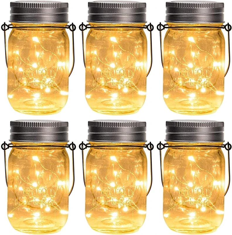 GIGALUMI Hanging Solar Mason Jar Lights, 6 Pack 30 Led Solar Lanterns Outdoor Hanging Lanterns, 6 Hangers and Jars Included. Great Outdoor Lawn Decorate for Patio Garden, Yard and Lawn