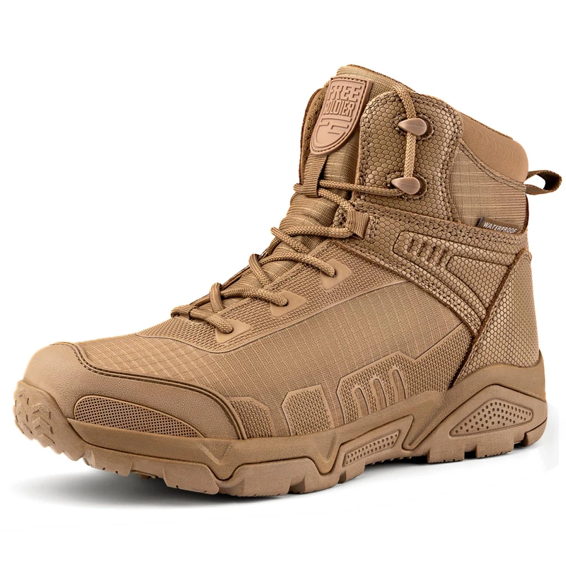 FREE SOLDIER Men's Waterproof Tactical Boots Breathable Military Army Boots Durable Combat Work Shoes Lightweight Hiking Walking Boots(Wolf brown-waterproof,8UK)