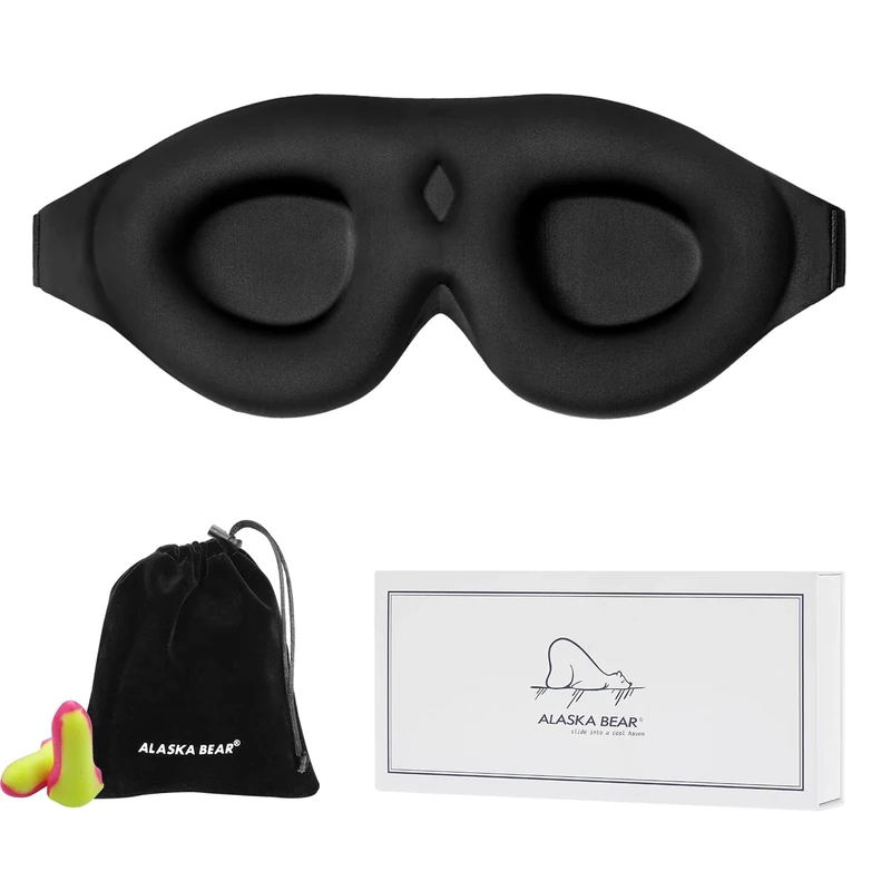 ALASKA BEAR Sleep Mask with Molded Eye Cups for Women and Men, Nose-Contoured 3D Ultra-Plush Soft Blackout Eye Mask, Zero Pressure on Eyelids & Eyelashes, Earplugs Set, Black