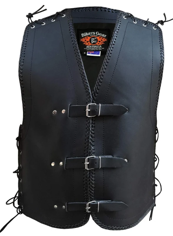 Bikers Gear Australia Heavy Duty NZ Lace Leather Motorcycle Vest with Braiding, Black, Size 3XL