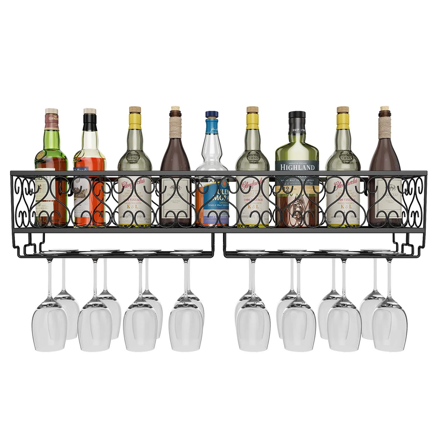AcornFort® W-612 Metal Black Wall Hanging Mounted Wine Champagne Glass Goblets Stemware Rack Holder, 80 x 20 cm Hold Up to 18 Bottles Wine and 18 Cups Glasses