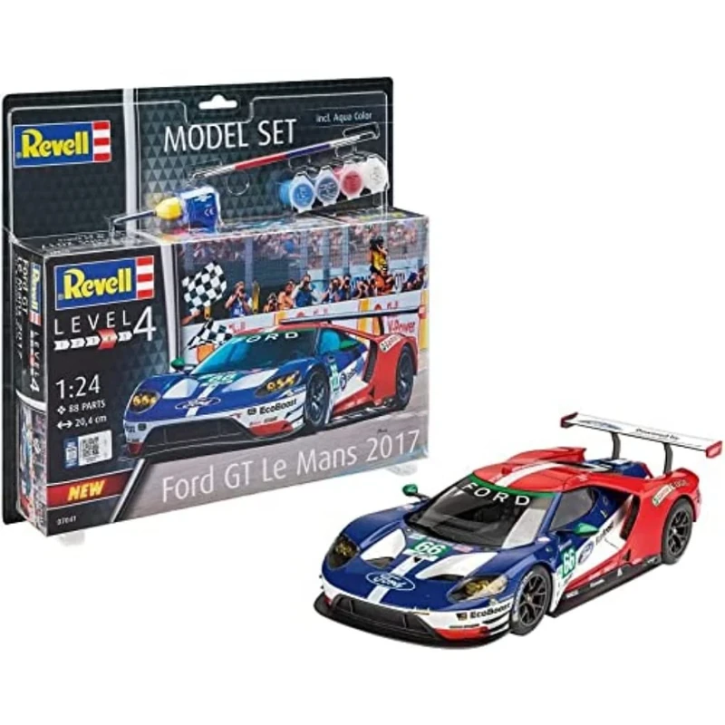 Revell Model Set 67041 Ford GT - Le Mans 1:24 Scale Unbuilt/Unpainted Plastic Model Kit with Contacta Professional Glue, Paintbrush & Selected Aqua Color Paints