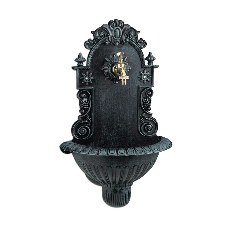 Relaxdays Wall Water Fountain, Antique-Style, Nostalgia, Garden, Patio, Faucet, Hanging Basin, HxWxD: 62 x 38 x 20 cm, Green