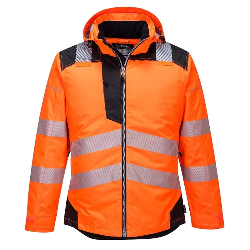 Portwest T400 Men's PW3 Lightweight Hi Vis Hooded Work Jacket Reflective Full Zip Safety Utility Quilt Lined Waterproof Workwear Orange/Black, 4X-Large
