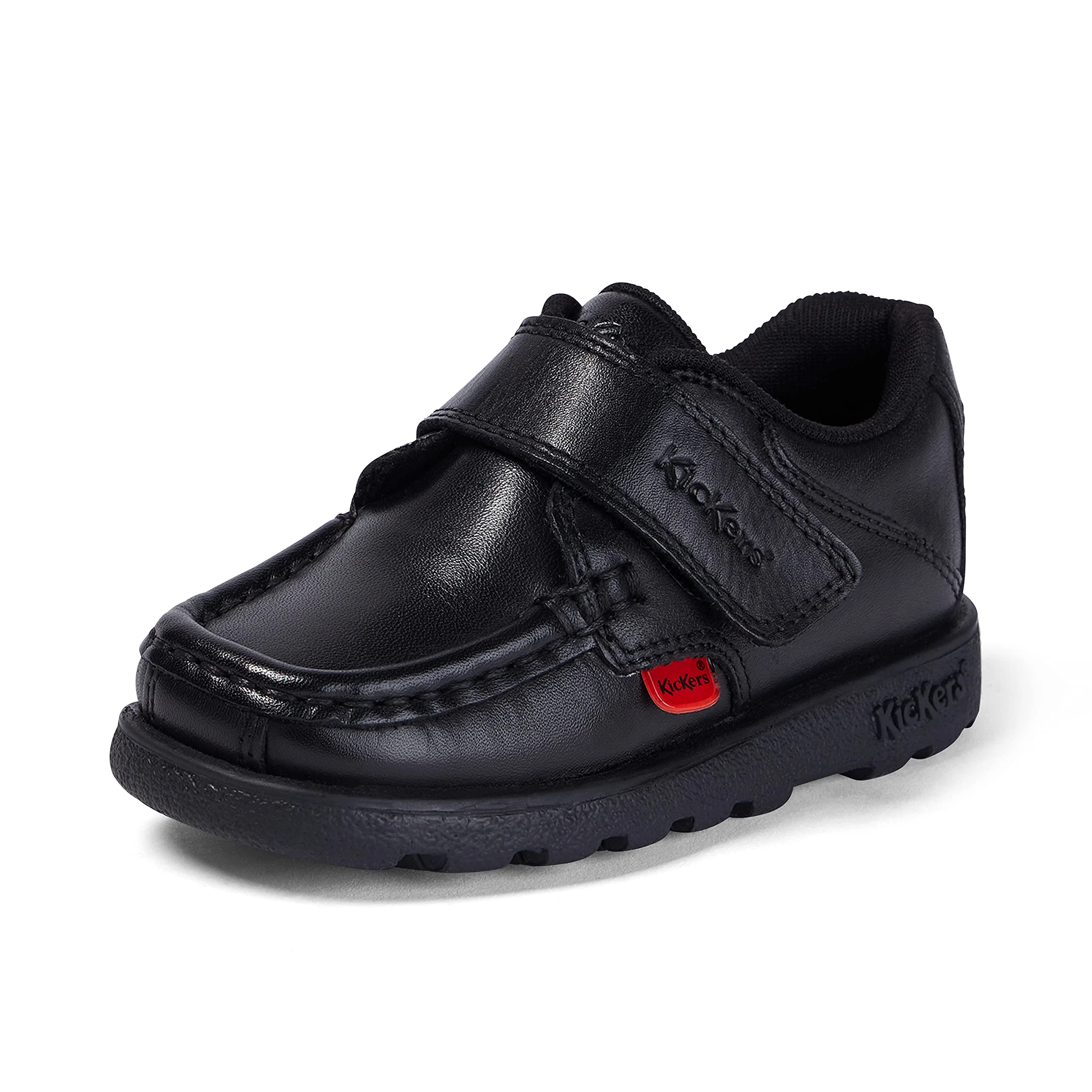 Kickers Boy's Fragma Single Strap Moc Toe Comfortable Leather Shoes | Smart Everyday School Look | Hook & Loop Fastening, Cushioned for All-Day Wear, Black, 4 UK Child