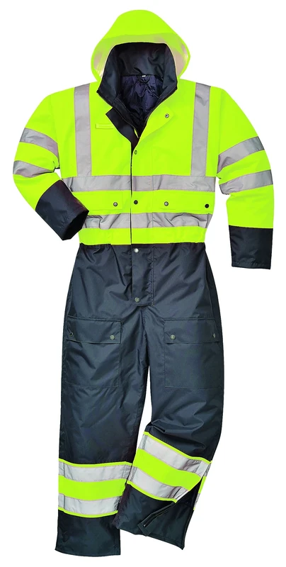 Portwest S485 Men's Hi Vis Winter Work Coveralls Waterproof 300D Polyester Protective Boiler Suit Durable Overalls Thermal Lined Workwear Rain Suit, Yellow / Black, 4X-Large