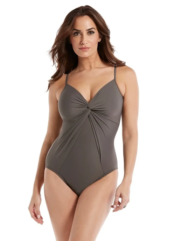 Miraclesuit Women’s Rock Solid Love Knot Underwire One Piece Swimsuit with Adjustable Straps and V-Neckline, Mineral, 12