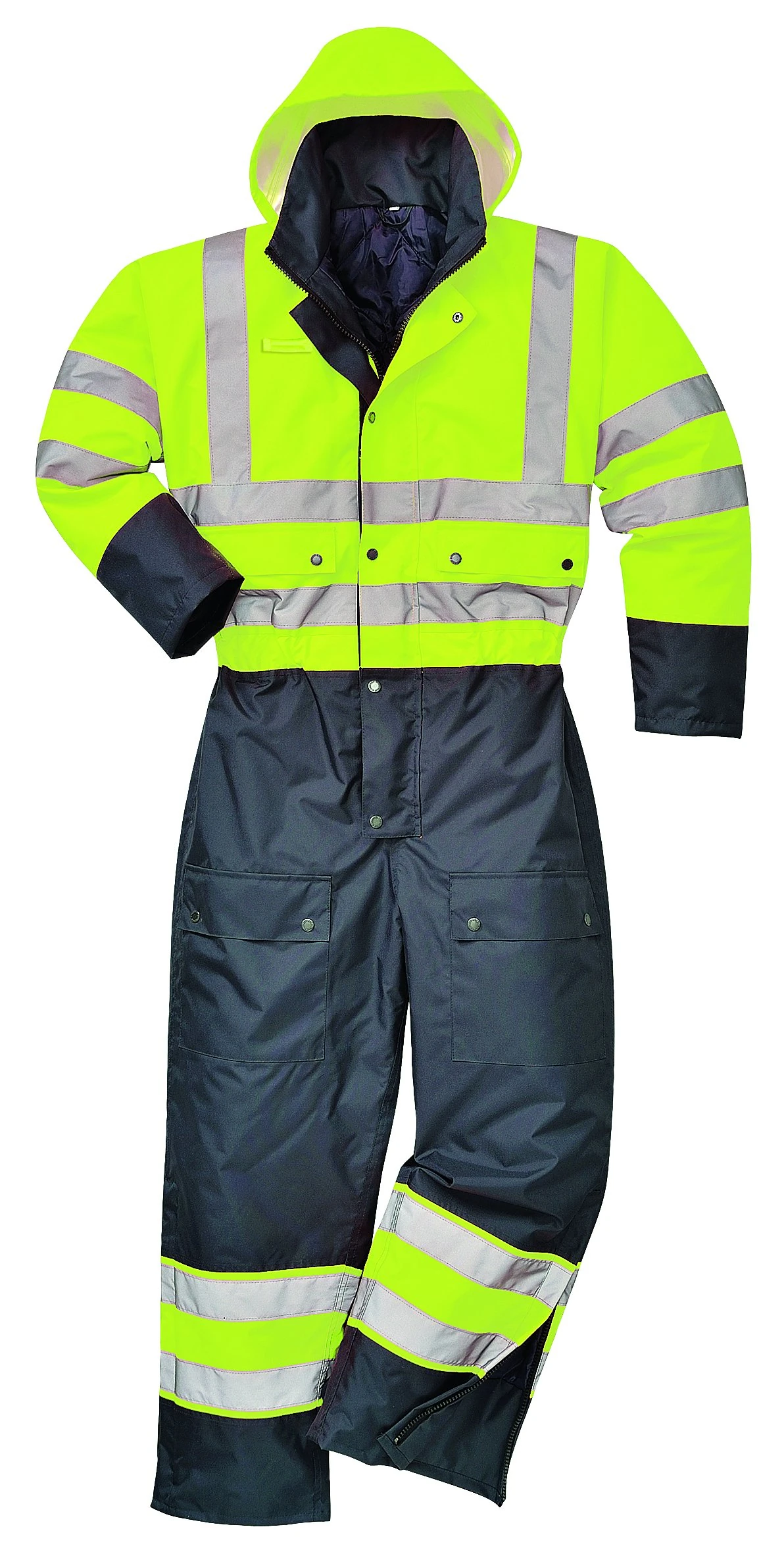 Portwest S485 Men's Hi Vis Winter Work Coveralls Waterproof 300D Polyester Protective Boiler Suit Durable Overalls Thermal Lined Workwear Rain Suit, Yellow / Black, Small