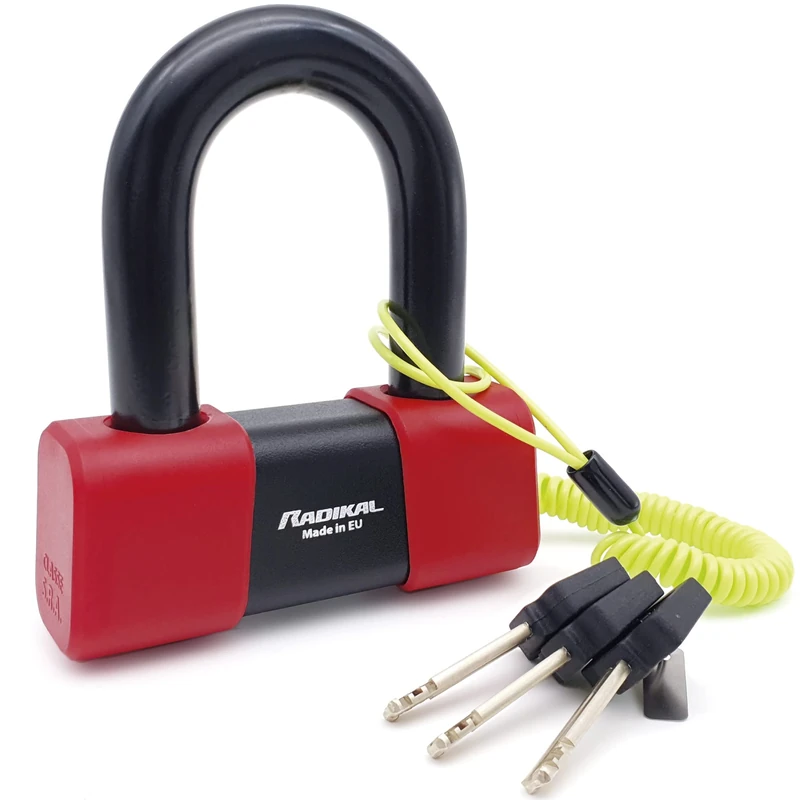 RADIKAL RK75 Premium Mini U Disc Lock for Motorcycles, SRA Approved, Highly Deterred, Brutally Tested, ø18mm Double Locking Hardened Steel Shackle, Reminder Cable, Moto Anti Theft Wheel Brake Lock