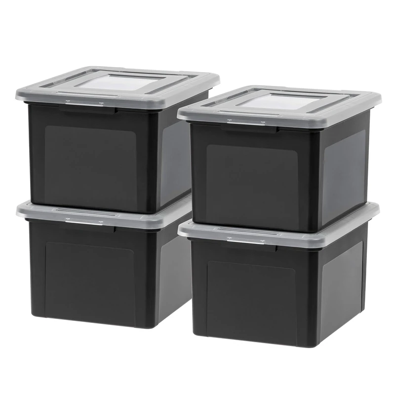 IRIS USA File Box Plastic File Organizer for Letter/Legal File, Document Box, Storage Bin Tote Organizer with Durable and Secure Latching Lid, Stackable, Nestable, BPA-Free, Black 35 Qt. 4 Pack