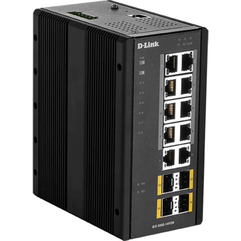 DLink DIS 300G-14PSW – Switch – Managed – 8 x 10/100/1000 (PoE+) + 2 x 10/100/1000 + 2 x 100/1000 SFP – DIN Rail Mount, Wall Mount – PoE+ (240 W)