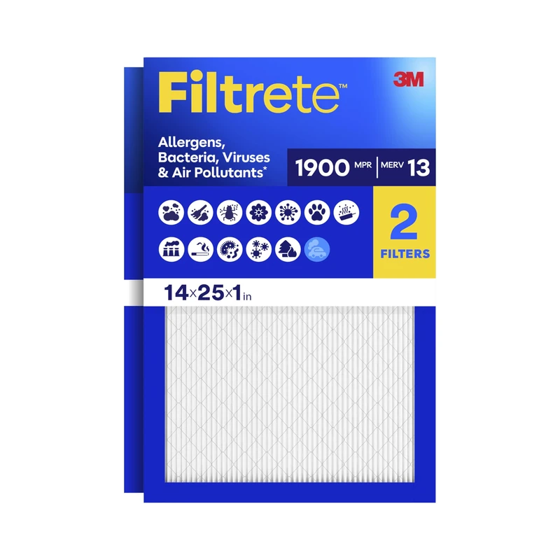 Filtrete 14x25x1 AC Furnace Air Filter, MERV 13, MPR 1900, Premium Allergen, Bacteria & Virus Filter, 3-Month Pleated 1-Inch Electrostatic Air Cleaning Filter, 2-Pack (Actual Size 13.81x24.81x0.78 in)