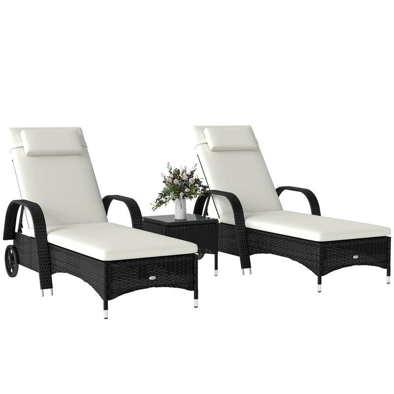 Outsunny Rattan Sun Loungers Set of 2 with Side Table - Black