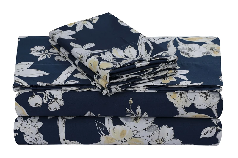 Tribeca Living 300 Thread Count Cotton Extra Deep Pocket Printed Sheet Set, Twin, Colmar Navy Blue/Multi