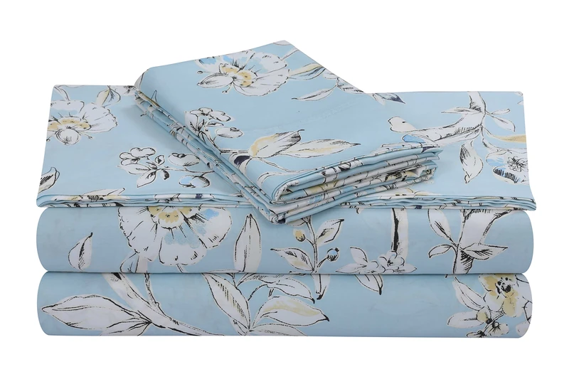 Tribeca Living 300 Thread Count Cotton Extra Deep Pocket Printed Sheet Set, Queen, Colmar Sky Blue/Multi
