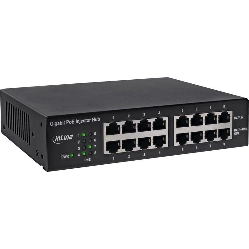 InLine 8 Port PoE + Gigabit Injector Hub 8 x PoE + 19 inch Angle with Luefterlos