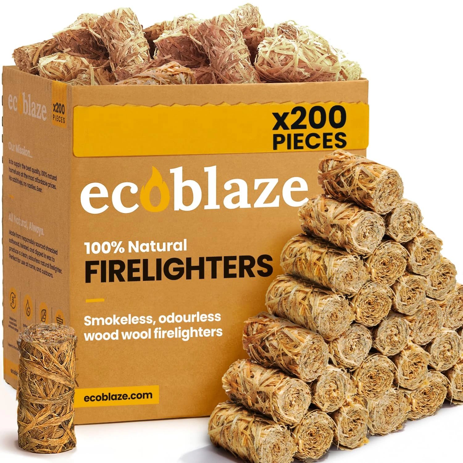 200 Firelighters - Ecoblaze Natural Firelighters | Fast lighting & Odourless, Fire Lighters For Wood Burners & BBQ Ovens, Stoves & Fireplaces