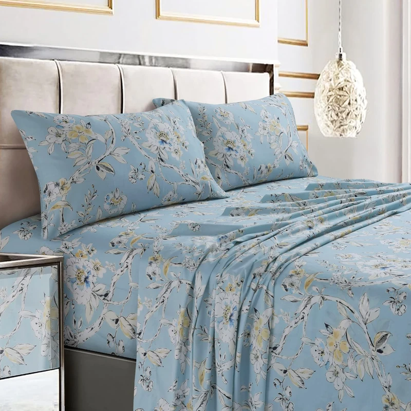 Tribeca Living King Bed Sheet Set, 300 Thread Count Soft Cotton Sateen, Floral Print with Extra Deep Pockets, 4-Piece Bedding Set, Colmar Sky Blue/Multi