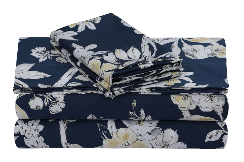 Tribeca Living King Bed Sheet Set, Soft Cotton Sateen Printed Sheets Floral Print, Extra Deep Pocket, 300 Thread Count, 4-Piece Bedding Sets, Colmar Navy Blue/Multi