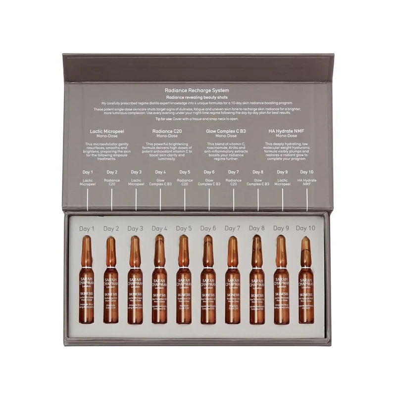 Sarah Chapman Radiance Recharge System, 10 Day Ampoule Programme For Recharging and Brightening Dull Skin, 10 x 1 ml