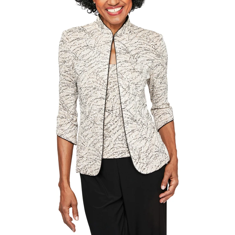 Alex Women's Petite Printed Mandarin Neck Twinset Tank Top and Jacket Dress Shirt, Beige, XL Zierlich
