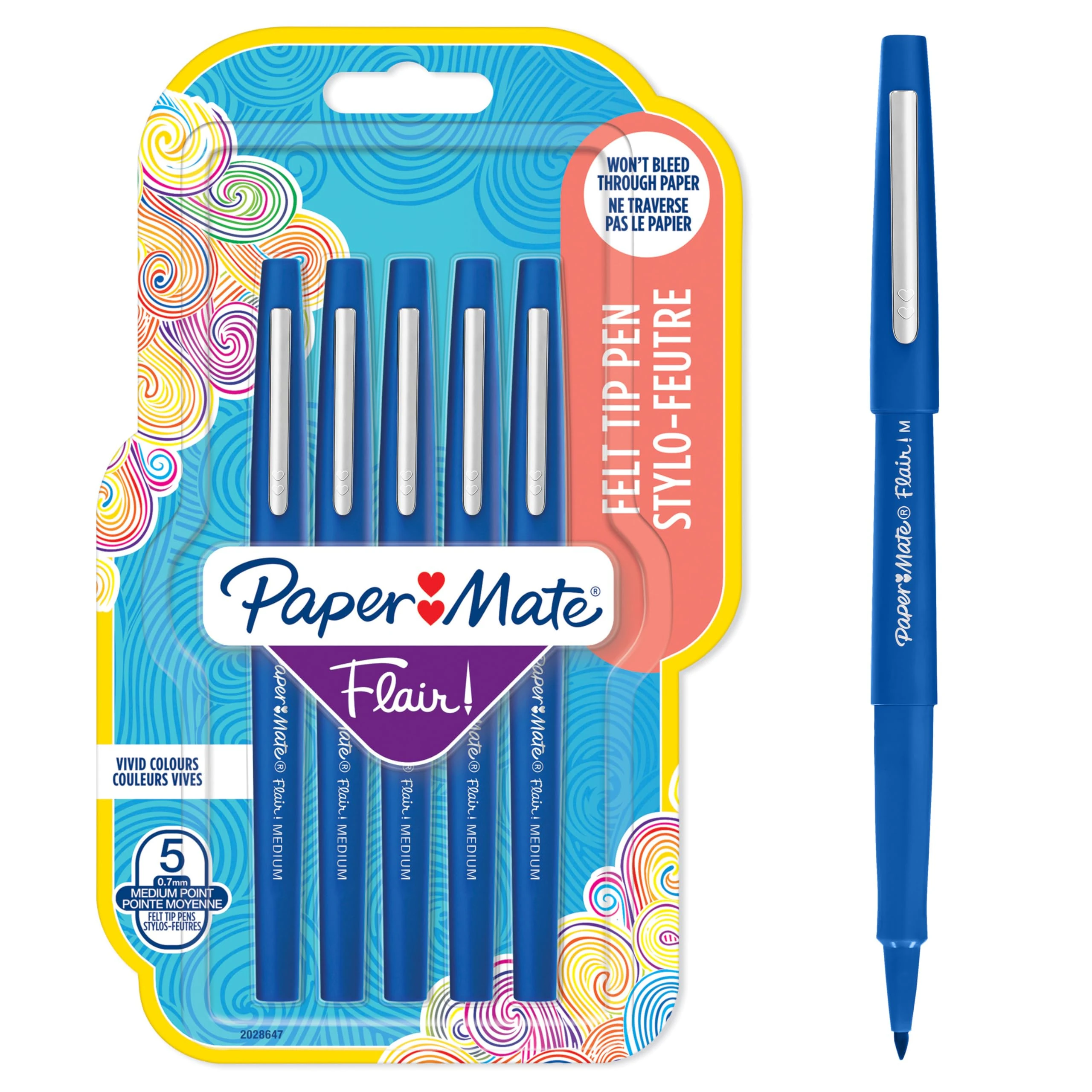 Paper Mate Flair Felt Tip Pens | Medium Point (0.7 mm) Writing Pens | Blue Pens | For Writing, Drawing & Sketching | 5 Count