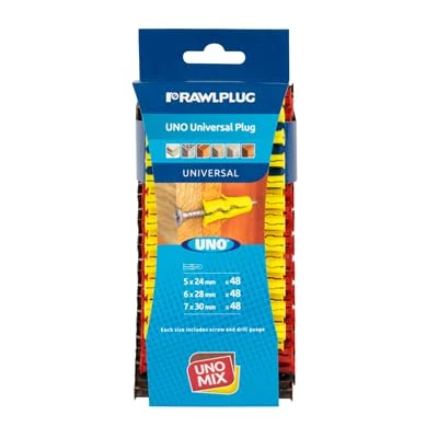 Rawlplug Uno Universal Wall Plugs Set 6, 7, 8 mm | Rawl Plugs for Plasterboard, Masonry, Brick, Concrete | Solid Wall Plug Anti Rotation Features | Plasterboard Fixings Plug Pack of 144,Multicolour