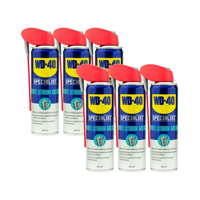 WD-40 Specialist White Lithium Grease - 250ml x 6 pack - All-Weather Protection for Heavy-Duty Metal-to-Metal Applications with Smart Straw Applicator