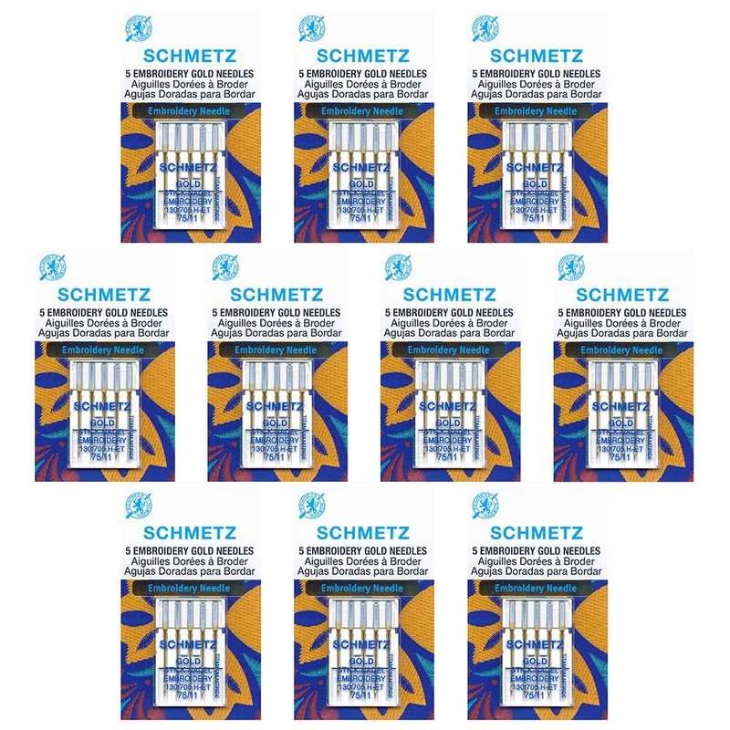 50 Schmetz Gold Embroidery Sewing Machine Needles - Size 75/11 - Box of 10 Cards