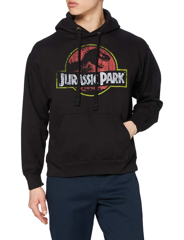 Jurassic Park Men's Distressed Logo Hoodie, Black (Black Blk), L UK
