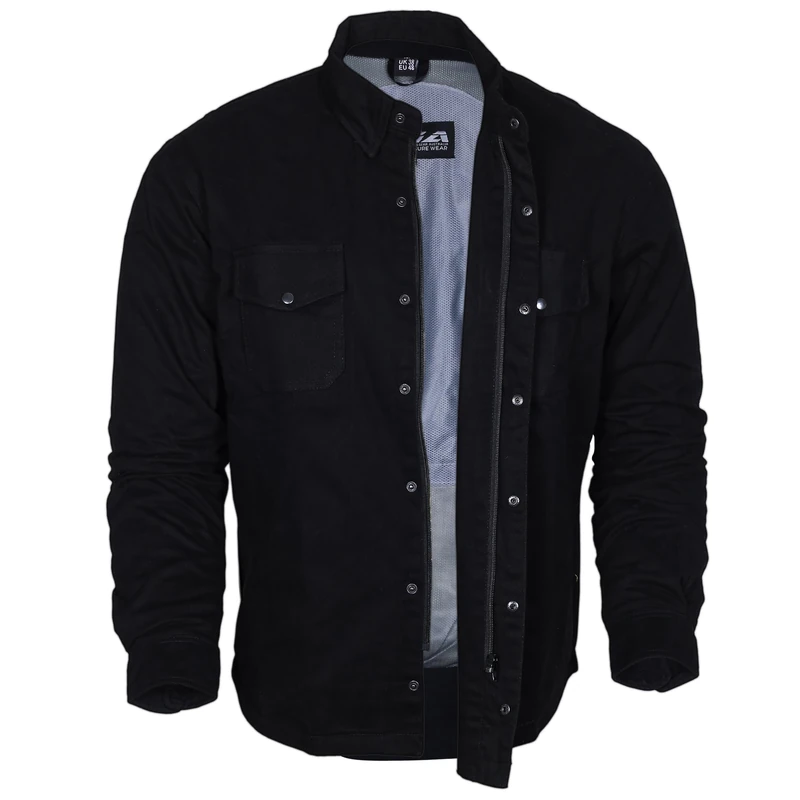 Bikers Gear Australia Motorcycle Kevlar Aramid Lined Protective Flannel Shirt Solid Black with CE 1621-1 Removable Armour Size S