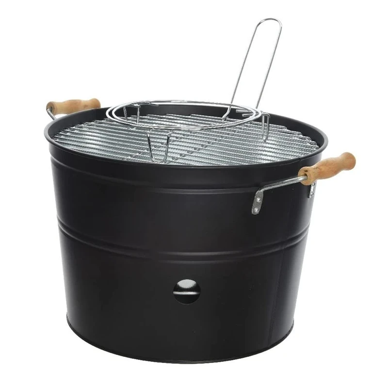 Kaemingk 73815 BBQ Bucket, Iron, Matt Black, Diameter 33 x 24 cm, Charcoal Grill, Camping Grill, Balcony Grill, Outdoor Grill, Mini Grill, Faux Leather, Multicoloured