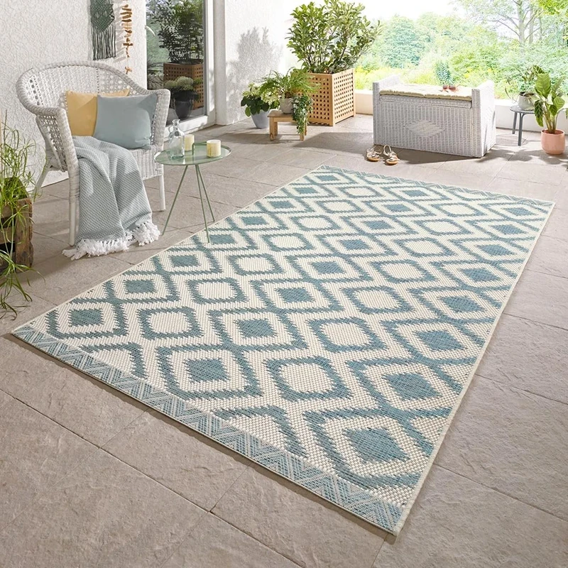 NORTHRUGS Isle Indoor and Outdoor Rug, 140 x 200 cm, Diamond Weatherproof, Modern Ethnic Pattern for Balcony, Patio, Conservatory, Kitchen, Bath Mat, Living Room Rug, Waterproof in Aqua Blue