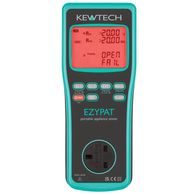 Kewtech EZYPAT Manual PAT Tester PASS/FAIL Display, 250V & 500V Insulation, Substitute Leakage & Extension Lead Test, KEWPAT App Compatible
