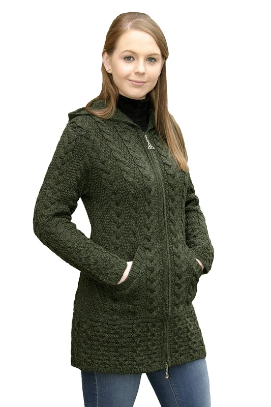Aran Crafts Women's Irish Cable Knitted Wool Hooded Zip Coat (HD4025-MED-AGRE) Army Green