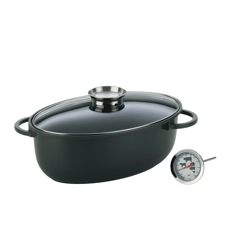 kela roasting pan with lid with aroma knob 8 litre KERROS with roasting thermometer, induction roasting pan oval, cast aluminium coated, casserole suitable for oven use