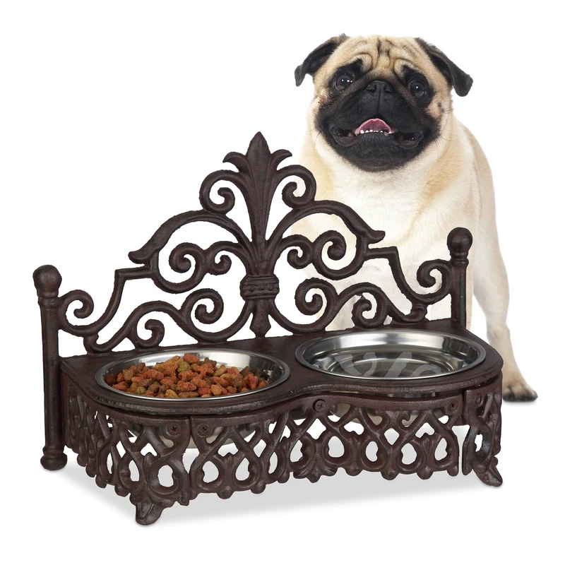 Relaxdays Dog Feeding Station, Antique-Style, Double Removable Style Steel Bowls, Cast Iron, Brown