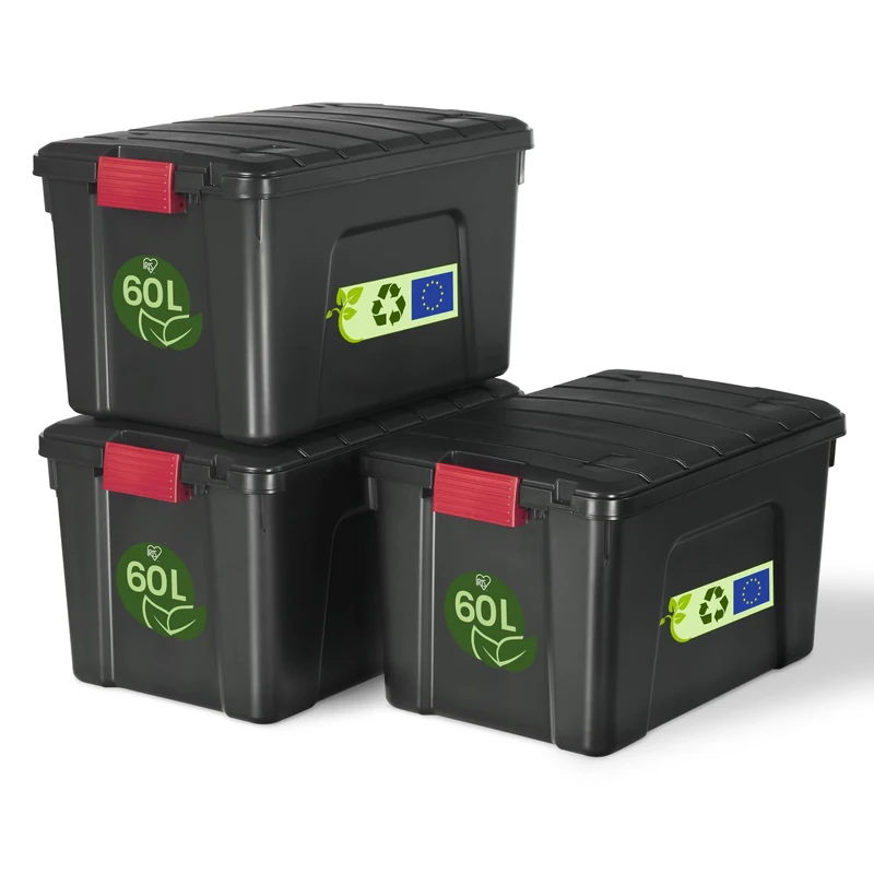 Iris Ohyama, Large Storage Boxes with Lids, Garage Storage Boxes, Closing Clips, 60L/3Pack, BPA Free, W59 x D39.5 x H35.5cm, SIA-60