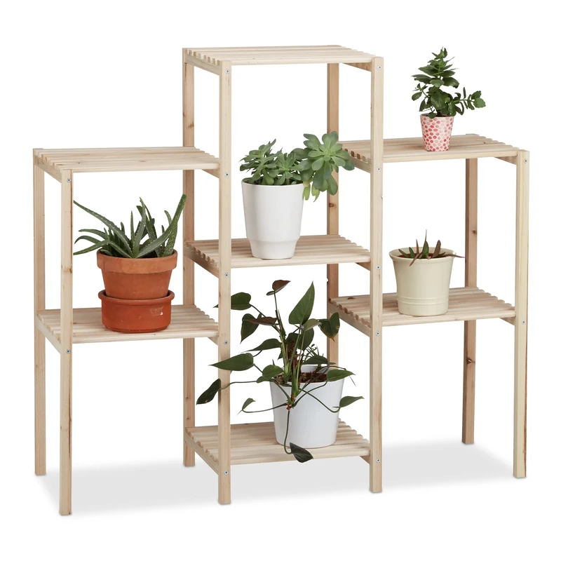 Relaxdays Wooden Plant Stand, Indoors Flower Ladder Rack, Solid, Stainless, HxWxD: 86 x 95 x 29 cm, Natural