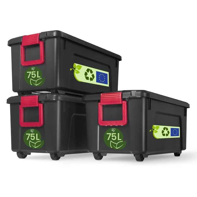 Iris Ohyama, Large Storage Boxes with Lids, Garage Storage Boxes, Closing Clips, 75L/3Pack, BPA Free, W78 x D39.5 x H35cm, SIA-75