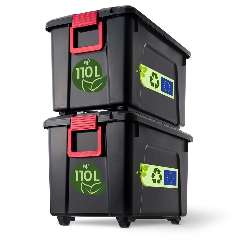 Iris Ohyama, Large Storage Boxes with Lids, Garage Storage Boxes, Closing Clips, 110L/2Pack, BPA Free, W75 x D44.5 x H45cm, SIA-110