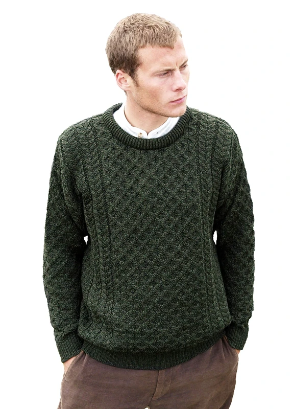 Aran Crafts Unisex Irish Cable Knitted Wool Crew Neck Sweater (C1949-MED-AGRE) Army Green