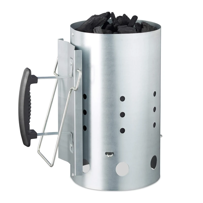 Relaxdays XL Charcoal Chimney Starter, Steel, BBQ Lighter, Stove, Grill, H x Dia: 30 x 19 cm, Grill Ignition, Silver