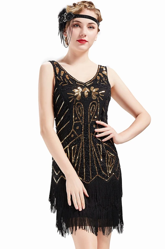BABEYOND Women's Flapper Dresses 1920s V Neck Beaded Fringed Great Gatsby Dress, Gold Black, X-Large