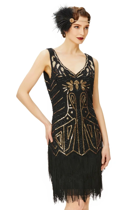 BABEYOND Women's V-Neck Cocktail Flapper Dress, Gold Black, M