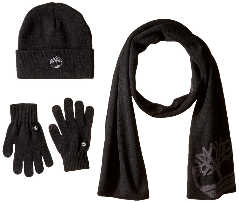 Timberland Men's Double Layer Scarf, Cuffed Beanie & Magic Glove Gift Set Winter Accessory, Black, One Size
