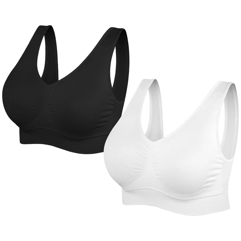 SIMIYA Super Comfort Bra, Womens Sports Bras Removable Pads Plus Size Sleep Bras for Girls in Yoga Bralette Leisure Stretch Crop Tops Vest (XL, 2 Pack Black+White)