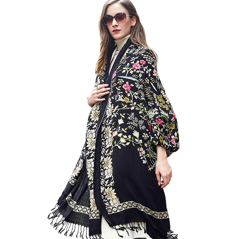 DANA XU 100% Pure Merino Wool Extra Large Pashmina Cashmere Scarf Shawl And Wrap For Women Winter Oversized Floral Blanket, 23 Black, 96 * 42 INCH