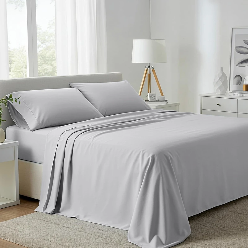 Carressa Linen 100% Egyptian Cotton Full Size Bed Sheets Set - 800 Series Tulips Collection Egyptian Cotton Sheets Full Size (4 PC, Silver), 16" Deep Pocket Sateen Weave Luxury Bed Sheet