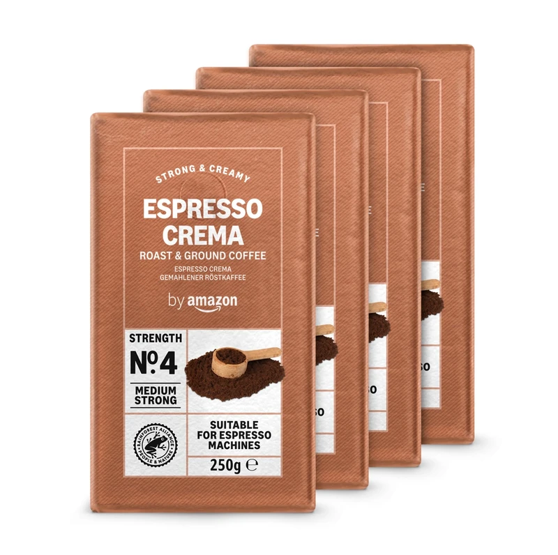 by Amazon Ground Coffee Espresso Crema, Medium Roast, 250 g, Pack of 4 - Rainforest Alliance Certified